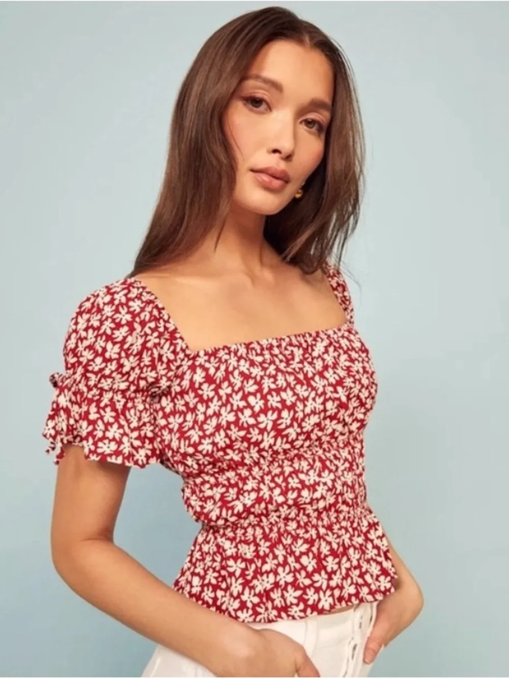 Reformation Red Floral Square-Neck Smocked Peplum Top